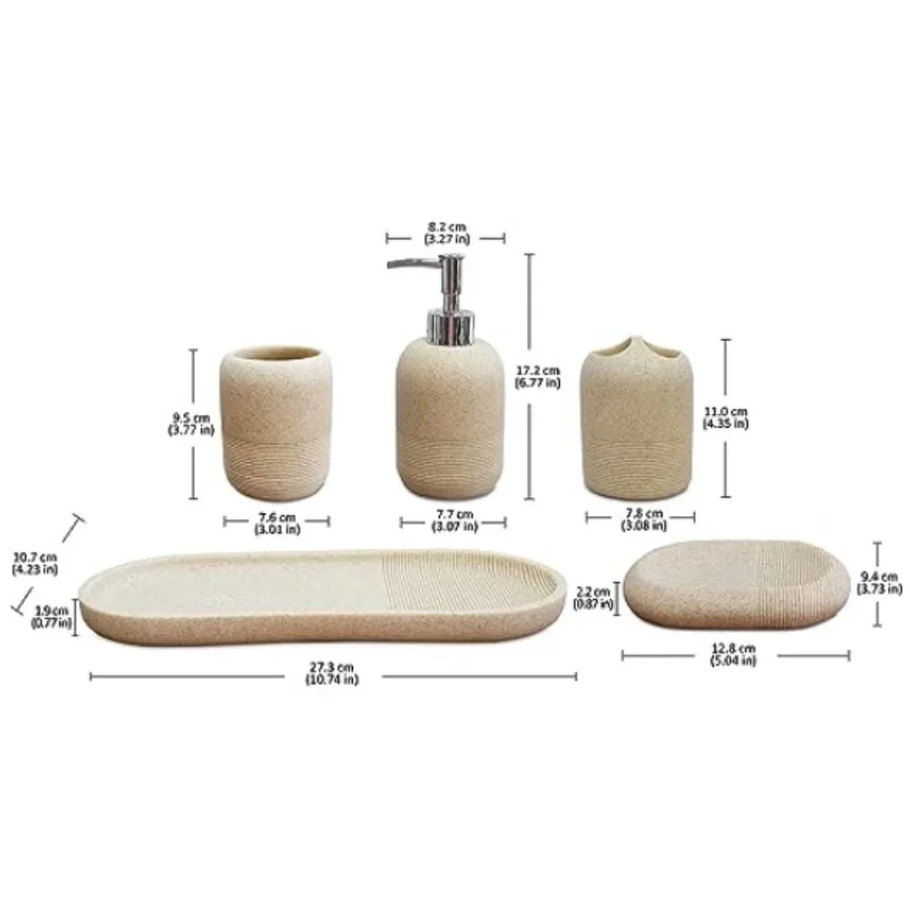 5 pc - Bathroom Accessory Set - Bathroom Decor  (Natural/Stone)